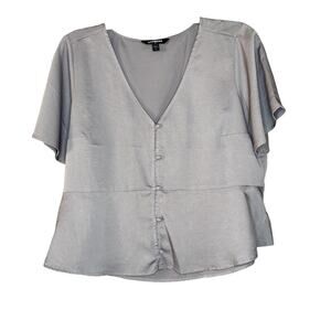Express Grey Silky Short Sleeve Blouse Button Details Peplum Corporate Top